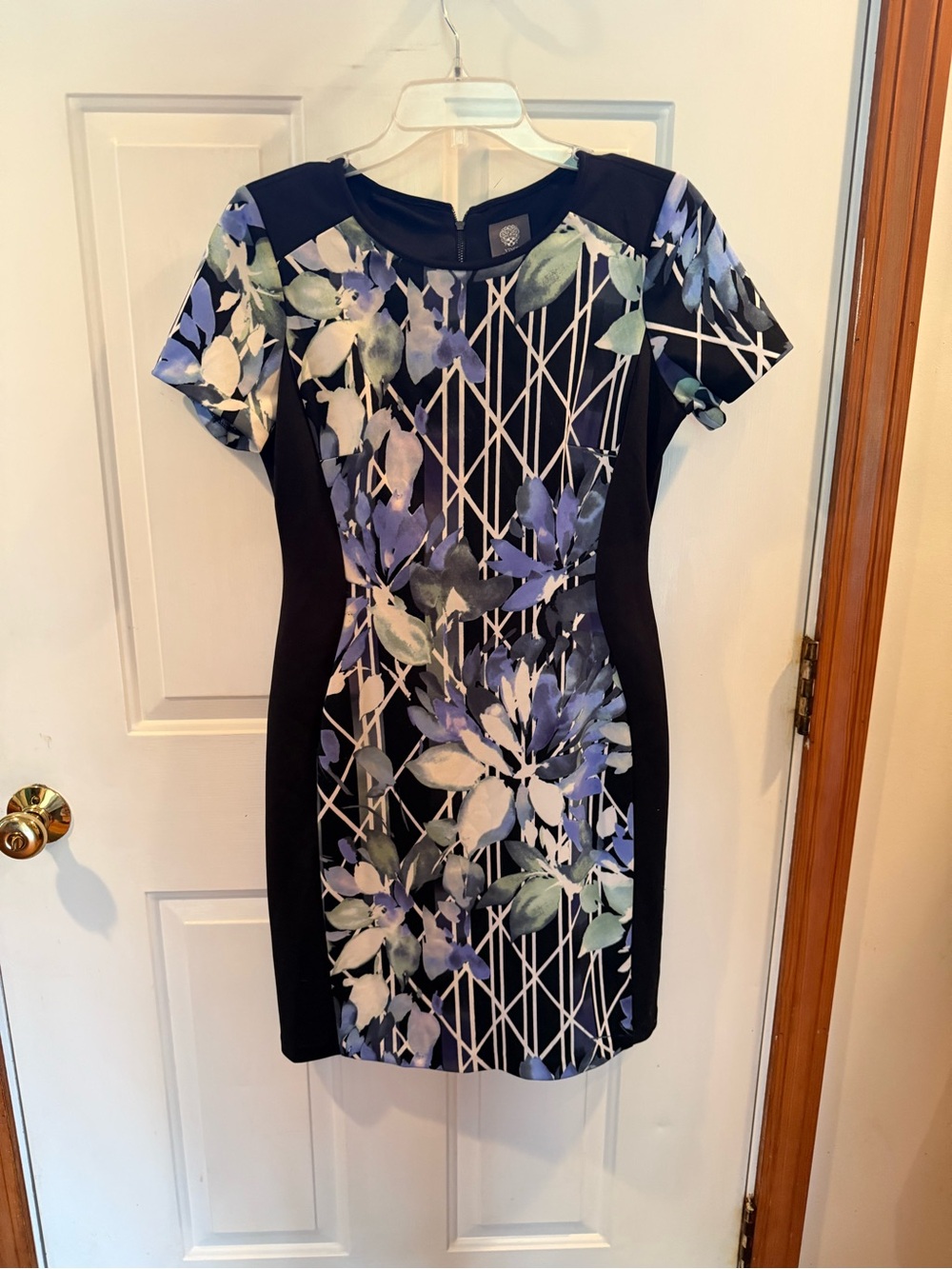 Vince Camuto Black Floral Sheath Dress with Blue-Green Print